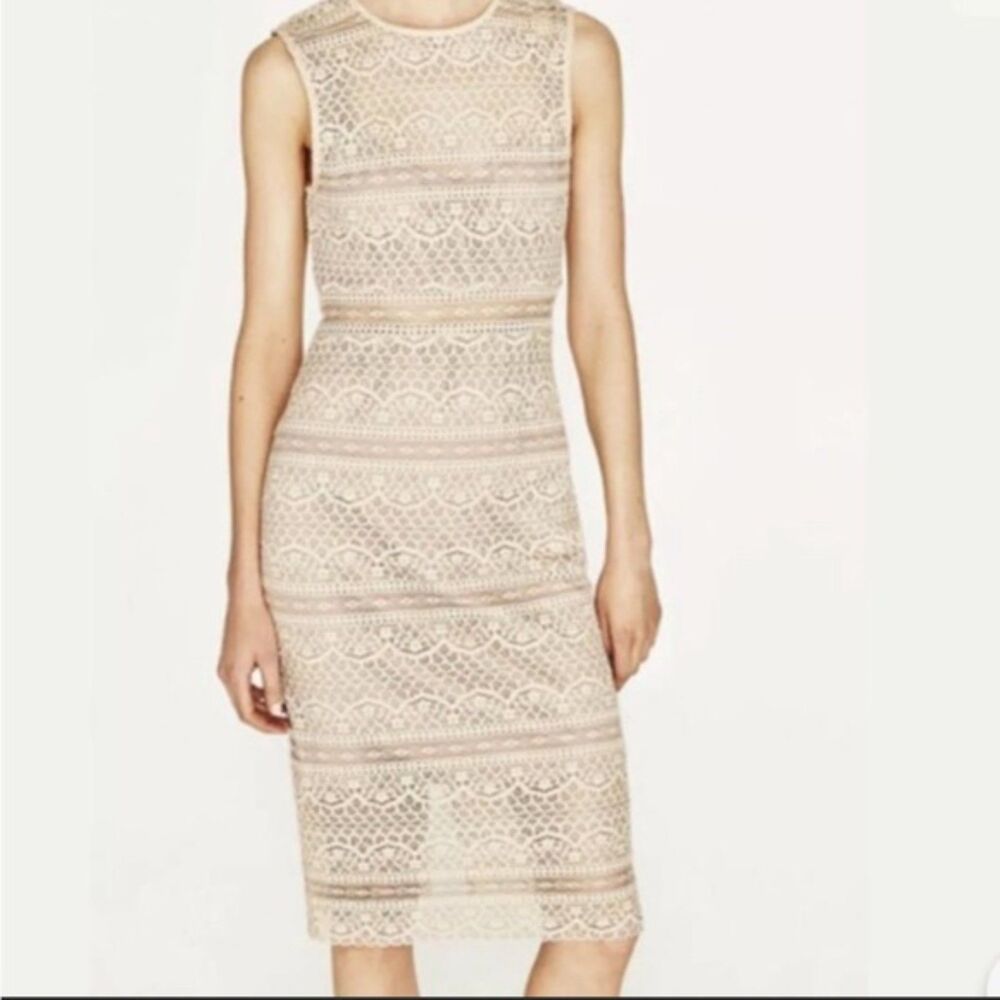 Zara Semi-Sheer Lace Midi Dress Women's M Cream Nude Minimalist Coquette EUC